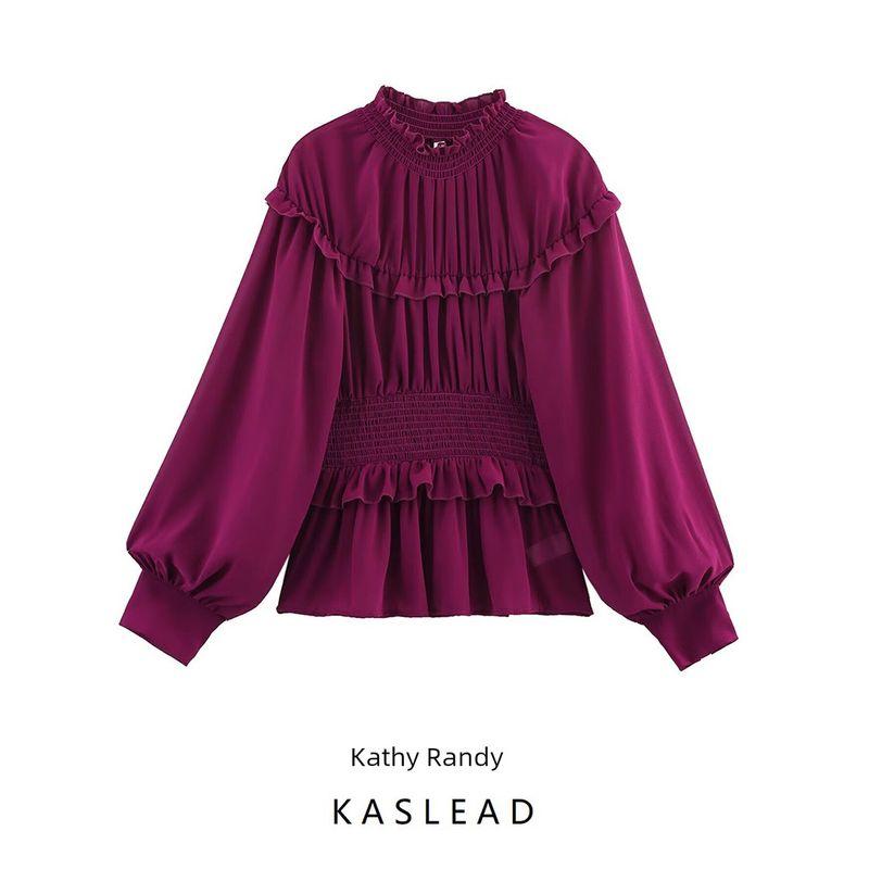 Kaslead New Arrival Women's Clothing Fashion Style Fashion Minimalist Wooden Ear Design Chiffon Long Sleeves Tops