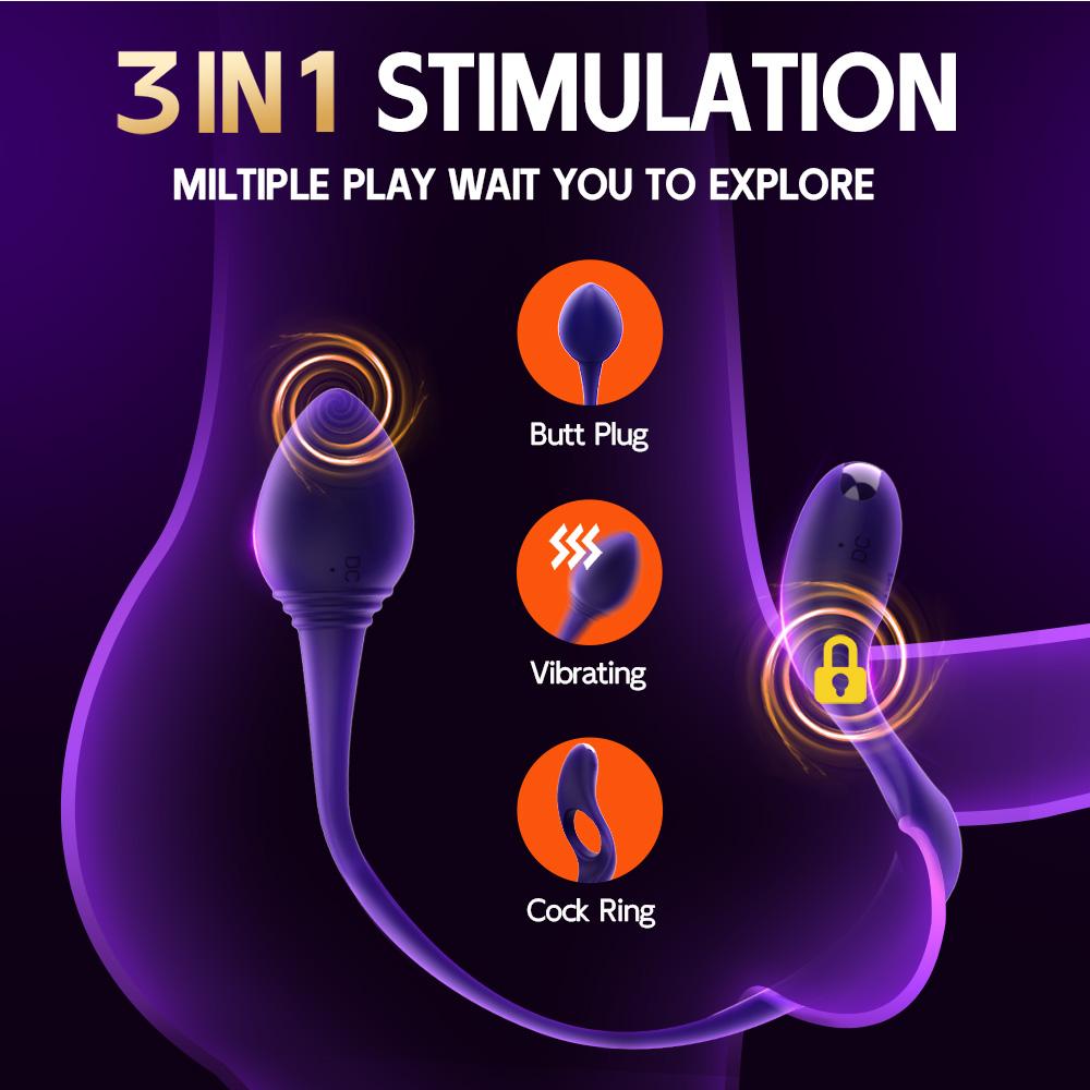 Vibrating Cock Penis Ring with Prostate Anal Butt Plug Vibrator Testicle Perineum Scrotum Massager Stimulator Sex Toys for Men