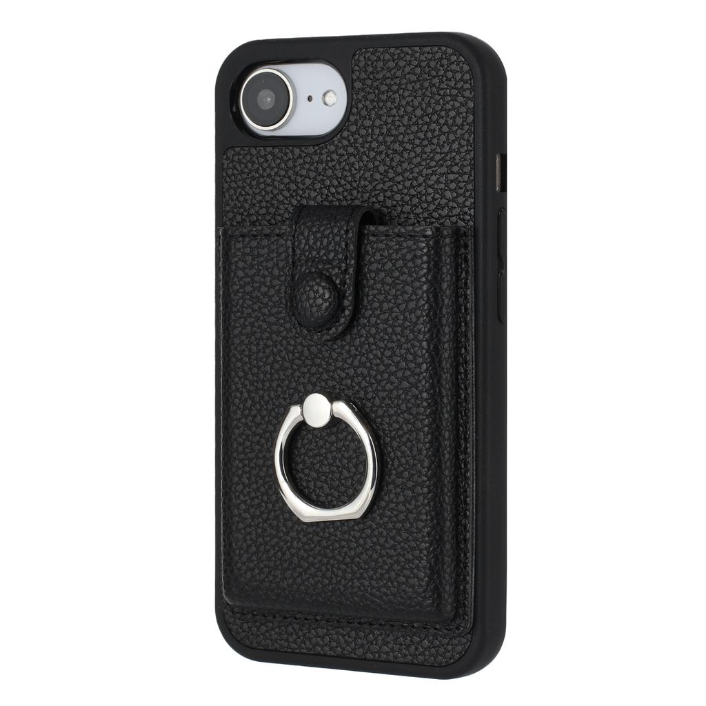 For iPhone 16e Case with Ring Kickstand Drawing Type Card Slots Leather Back Cover