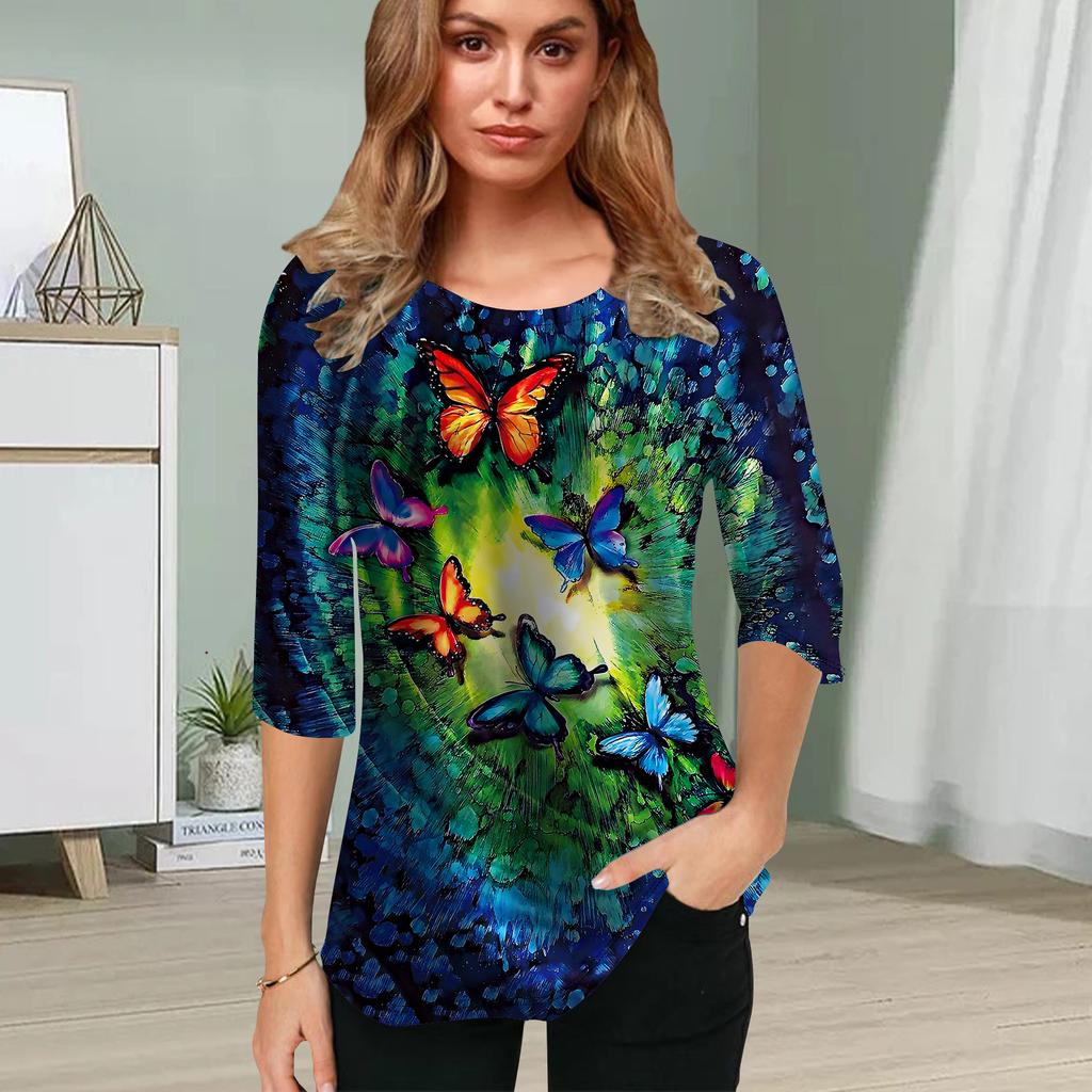 Womens Blouse 3D Black Butterfly Printing Flower Half Sleeve Tops Summer Casual Tops Printed Round Neck Half Sleeve T Shirt