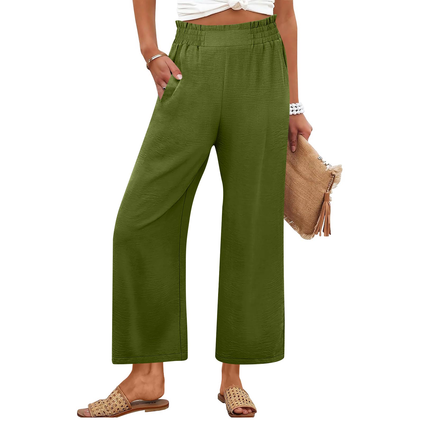 Women s Fashion -Colour Elasticated High-Waisted Cropped Trousers With Pockets L