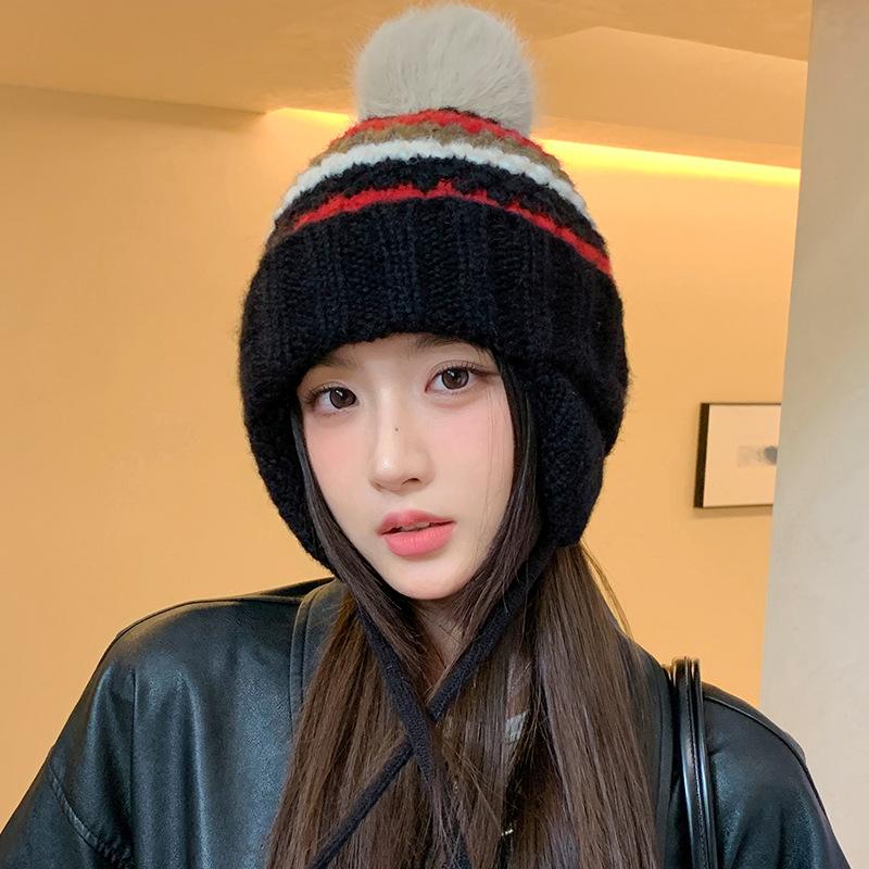 Korean Version of Versatile Knitted Wool Hat for Women In Autumn and Winter Thickened Windproof Ear Protection Hat Cute Wool Ball Warm Lei Feng Hat