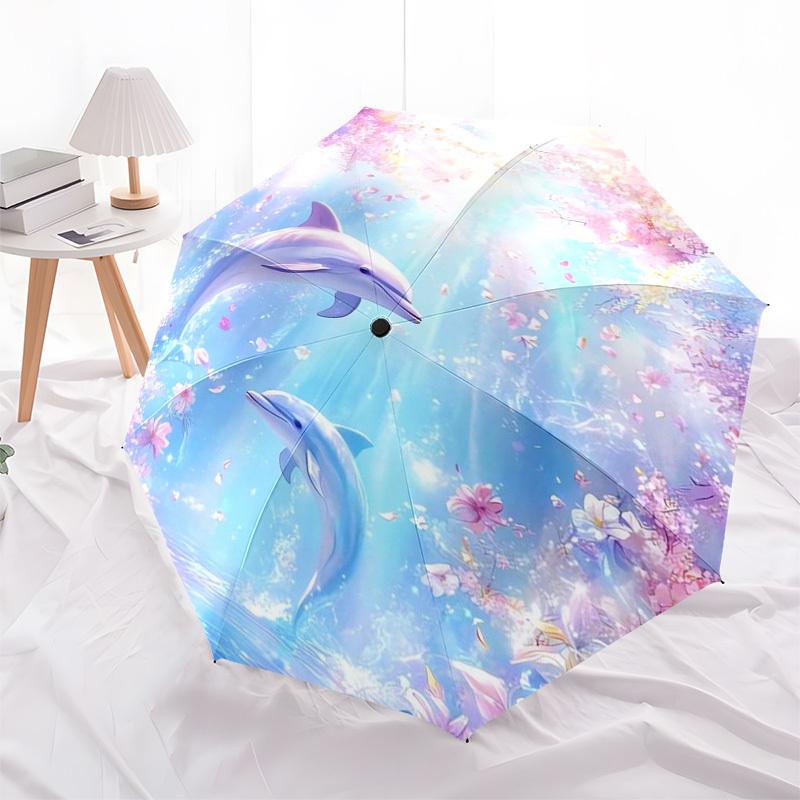 Dolphins, Floral Fantasy Themed Automatic Opening and Closing Umbrella, Compact Travel Umbrella, Lightweight and Portable, Suitable for Beac
