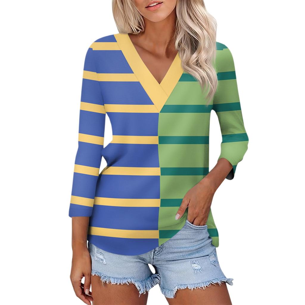 Women's Casual Fashion Sexy Comfortable V-neck Splicing Geometric Pattern Three-quarter Sleeve Top