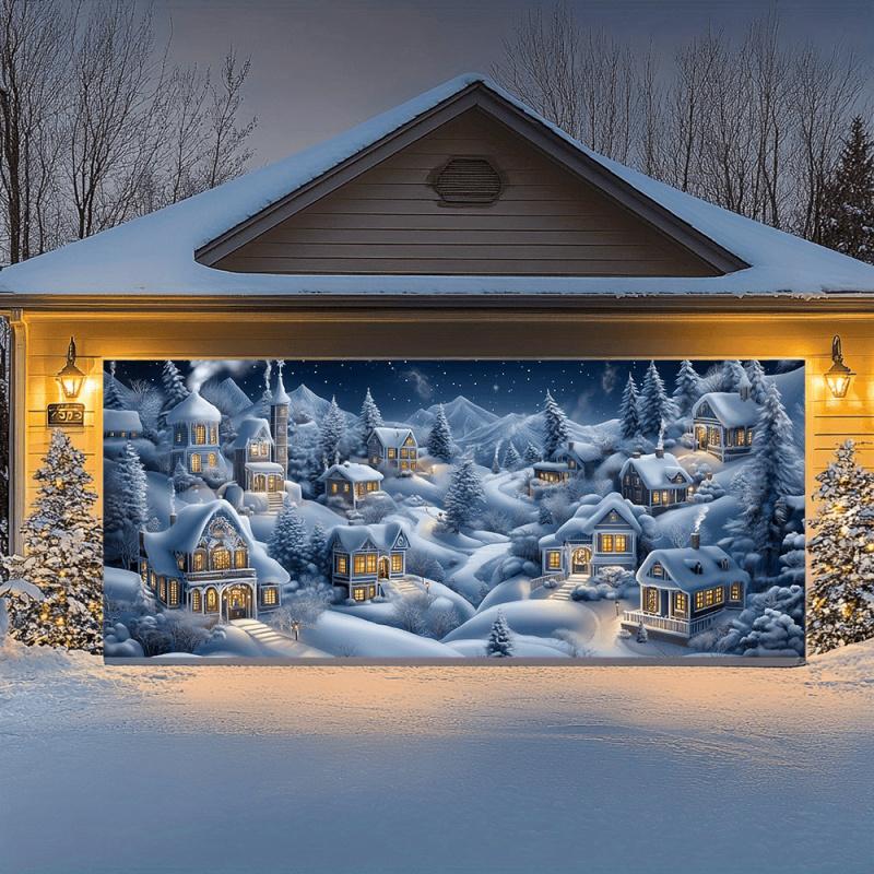 1pc2D flat snow scene Christmas village garage door banner durable holiday decoration no power required wsj