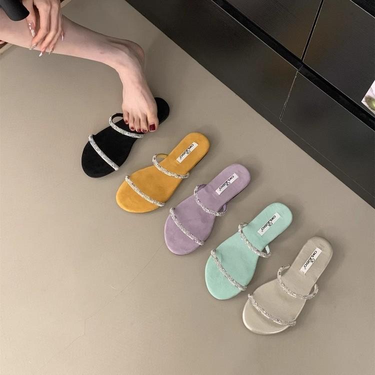 Flat-bottomed Rhinestone Fashion Sandals 2025 Summer French Sweet Yellow Open-toed Vacation Beach Cool Slippers Women's Shoes