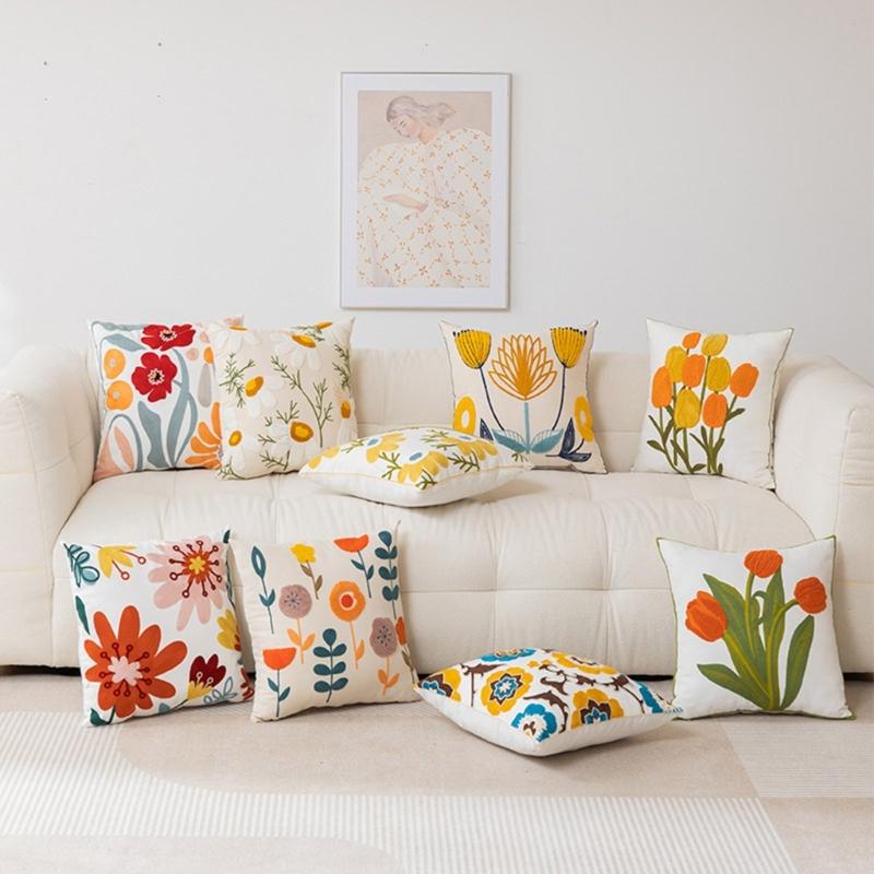 Pillowcase Floral Embroidery Cushion Case Features Vibrant Flower Patterns For Living Room Or Bedroom Decoration