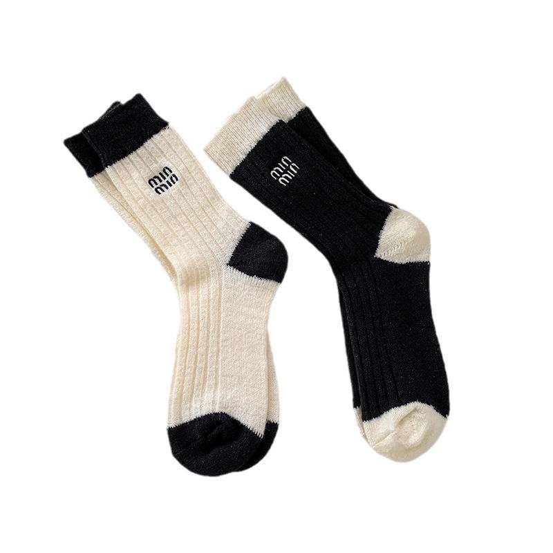 MIU Women's Wool Embroidered Mid-Calf Socks, Trendy Warm Slouch Socks for Autumn/Winter, Postpartum Friendly.