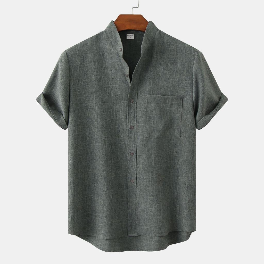 Summer New Stand-up Collar Simple Solid Color Button-down Short-sleeved Shirt Fashion Trend Shirt Men