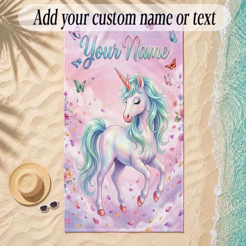 Unicorn Theme Soft Beach Towel Personalized Custom Name Text Towel Portable for Beach Pool Travel