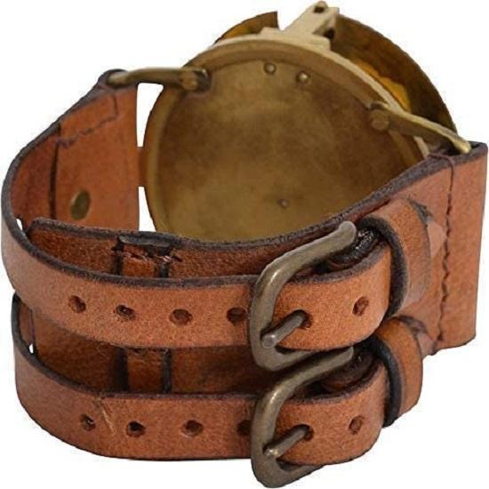 Nautical Vintage Steampunk Sundial Compass Wristwatch Leather Bracelet Handmade