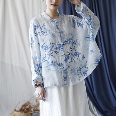 Women Chinese Style Shirts Tops Print Floral Long Sleeve Stand Vintage Autumn Button Loose Blouses