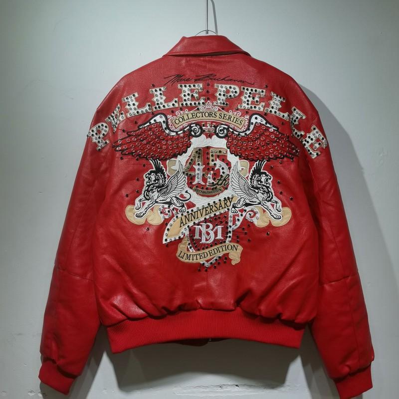 Pelle 45th Anniversary Red Leather Jacket Vintage Style Embroidered Studded Men Women Casual Outerwear