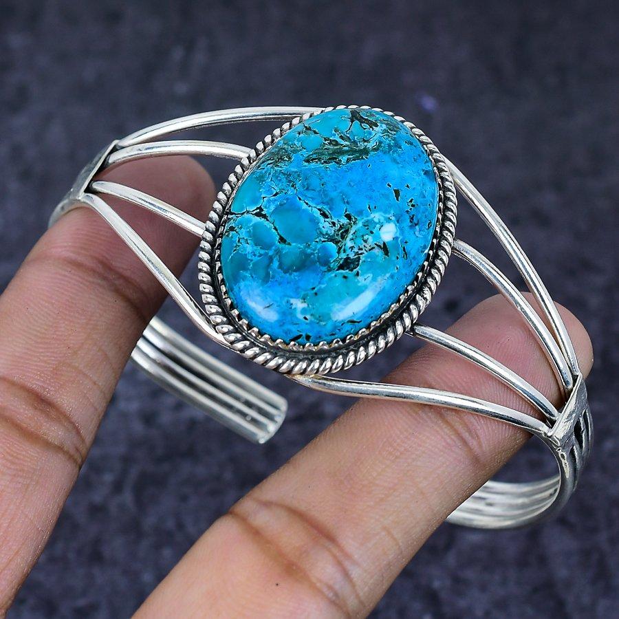 Natural Chrysocolla Gemstone 925 Sterling Silver Cuff Bangle Adjustable ETC-13926
