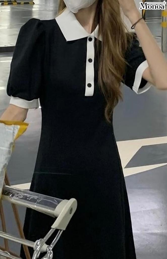 Monoa Kurzarm Puffärmel Knopfkragen Mini Leicht und Größe 2XL Damen Knielanges Zweifarbiges Kleid, Schlicht, Grau, (n1627)