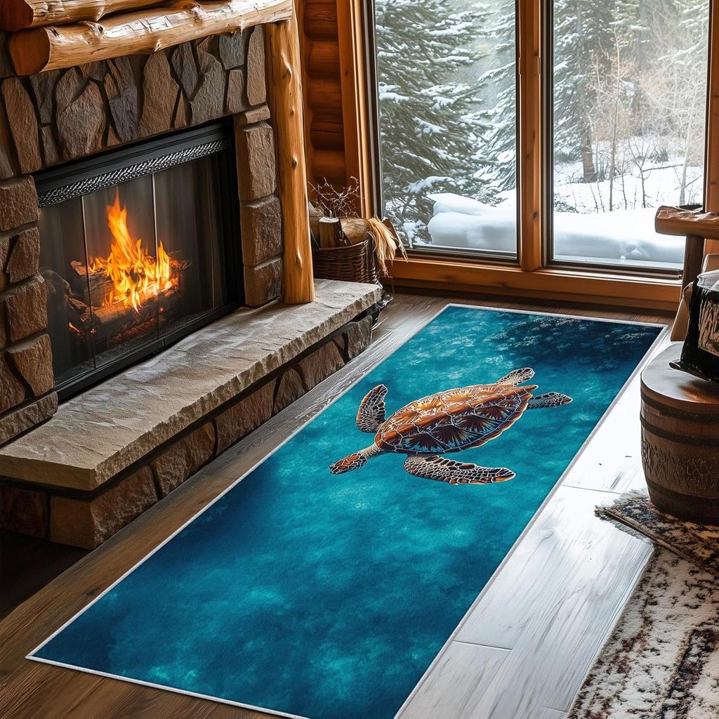 Ocean Theme Runner Rug Turtle Print Home Decor Carpet Absorbent Anti-Slip Hallway Rug for Hallway Living Room Bedroom Kitchen