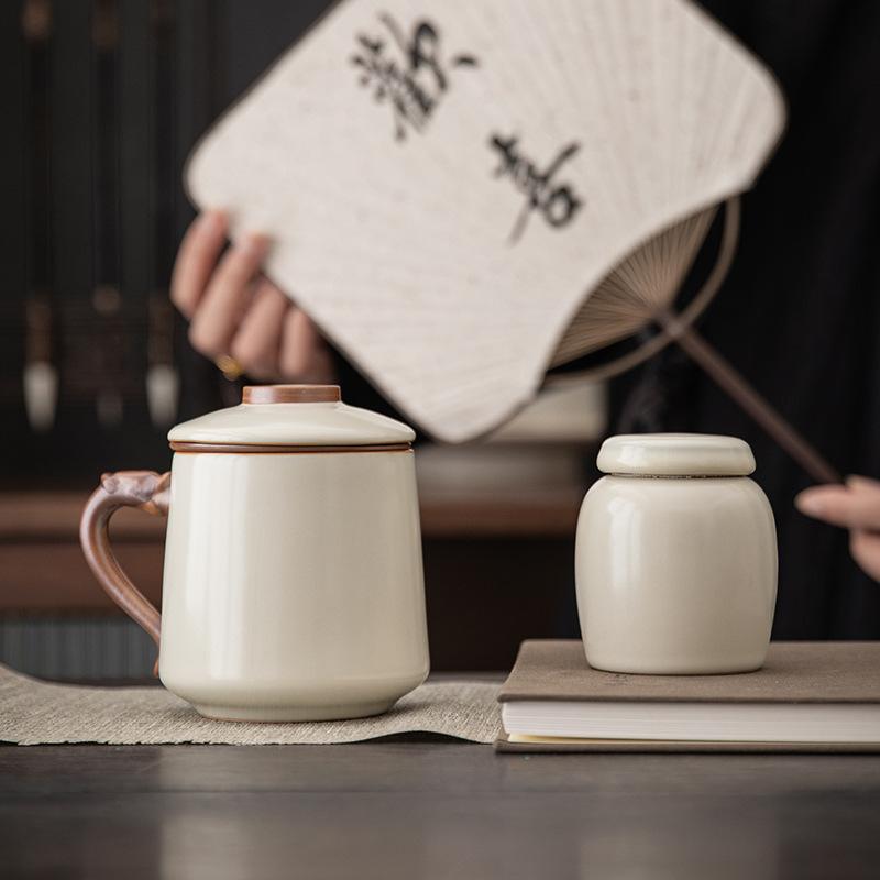 Ru kiln ceramic teacup office brewed tea cup personal cup with lid tea separation mug cup