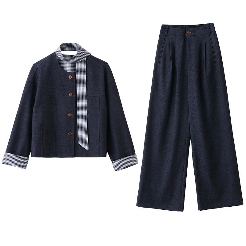 Spring 2025 Women's Fashion: Patchwork Jacket & Trousers Two-Piece Set with Tie