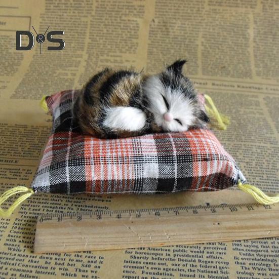 Simulation Cat Doll Plush Toy Mini Realistic Sleeping Kittens on Mat Figurine Stuffed Animal Toy with Cushion for Home Office Room Desktop Decor
