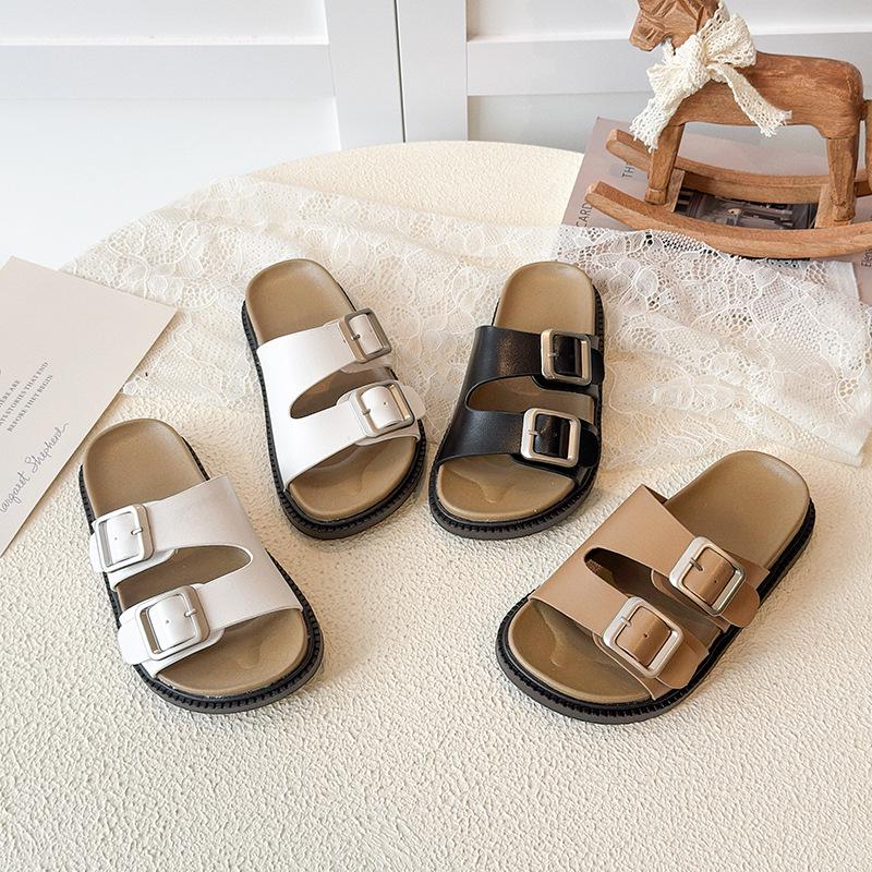 2026 Korean Style Leather Buckle Sandals for Girls - Casual Summer Outdoor Children's Birkenstock-Inspired Half-Closed Shoes