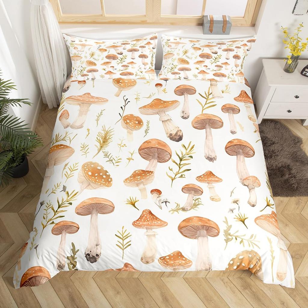 Comforter Wild Mushroom Bedding Set King Queen Cute Mushrooms Comforter Kawaii Fungus Cartoon Plant Leaves