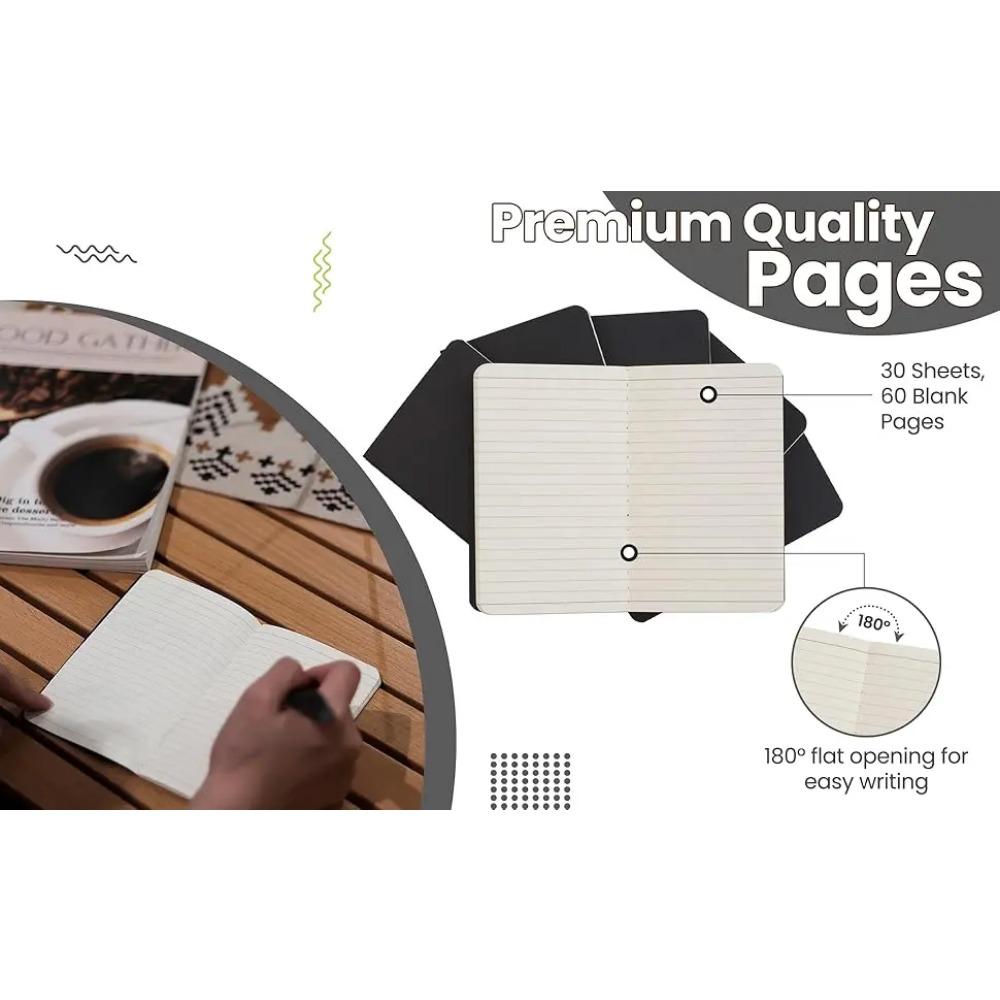 Set de 6 Libretas de Bolsillo - 3.5x5.5" Mini Diarios de Tapa Blanda, 100GSM 60 Páginas Rayadas/en Blanco para Escribir, Viajes y Regalos (Negro)