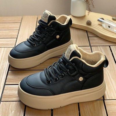 Women's High-Top Leather Sneakers: 2025 Autumn/Winter Thick-Soled Plus Velvet Warm Casual Shoes