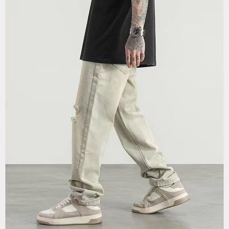 Mens Ripped Jeans Streetwear Hip Hop Style Slim Fit Denim Pants Fall Youth
