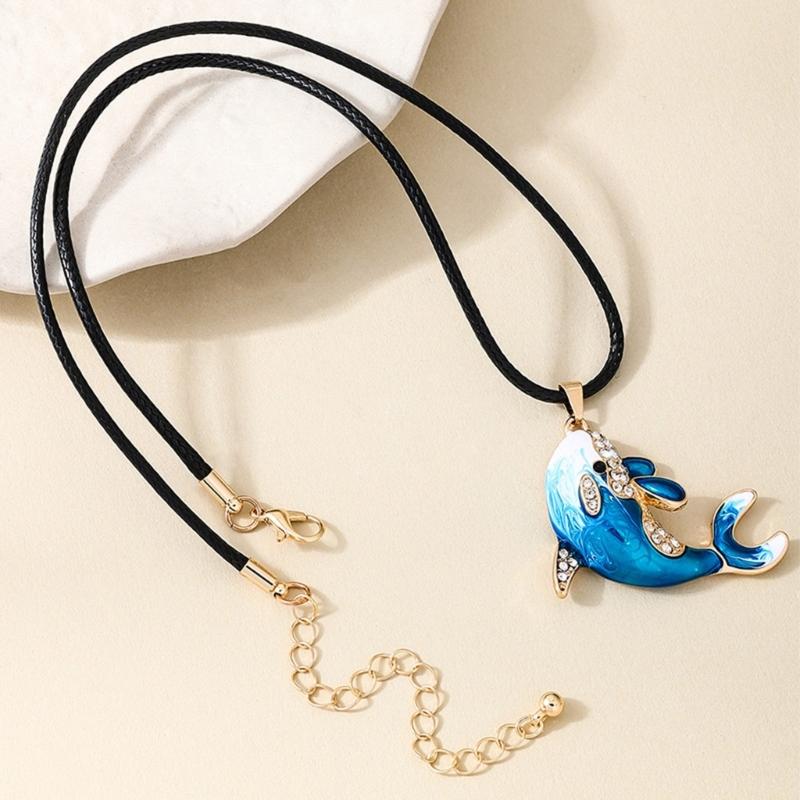 Rhinestones Dolphin Pendant Necklace for Women Adjustable Length Neckchain Choker Lightweight Comfortable Accessory