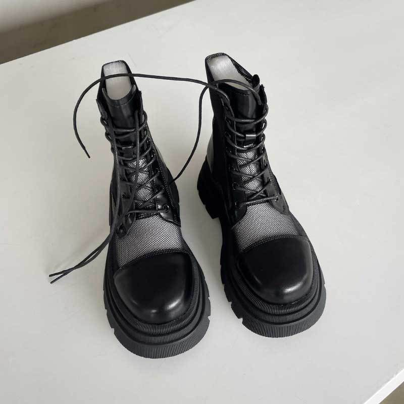 Summer Women's 2025 New Black Thick Soled Short Boots Breathable Thin Boots Women's Hollow Mesh Boots Summer Mesh