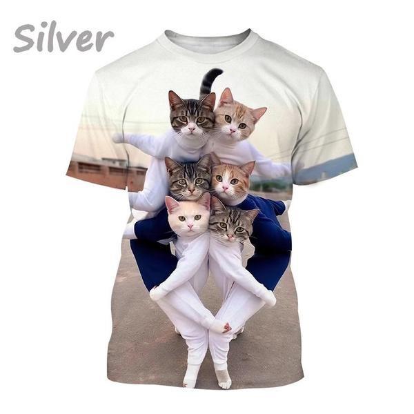 Funny Cute Cat 3D Printing T-Shirt Animal Creative Personality Interesting Street Round Neck Short Sleeve Tees Tops