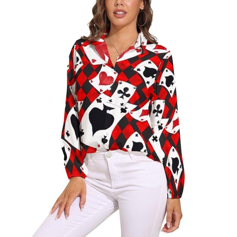 Poker Cards Print Blouse Female Card Suits Casual Loose Blouses Long-Sleeve Modern Shirt Printed Clothing Large