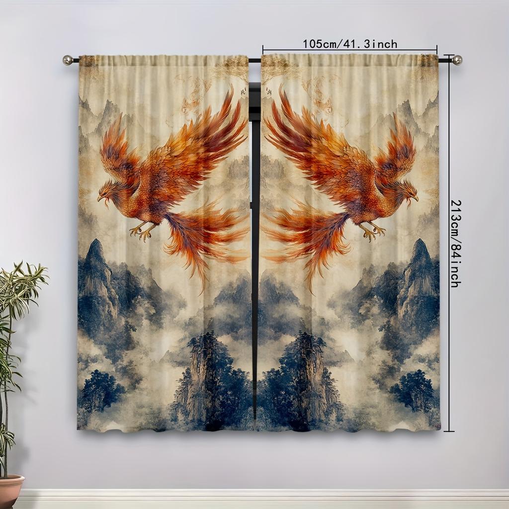 Set Of 2 Elegant Phoenix Print Curtains Traditional Chinese Ink Painting Style Warm Reds Goldens Delicate Curtain Room Darkening Made Polyester