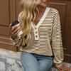 Women T-shirt V-neck Long Sleeve Buttons Half Closure Pullover Tops Color Block Splicing Design Casual Tops Daily Wear