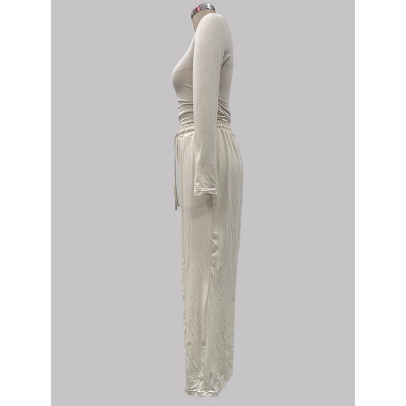 Women Long Sleeve Top Solid Drawstring Wide Leg Casual Pants Two Piece Set