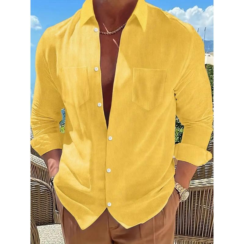 Spring Autumn Men's Long Sleeved Shirt Fashionable Solid Color Lapel Pocket Button Down Tops