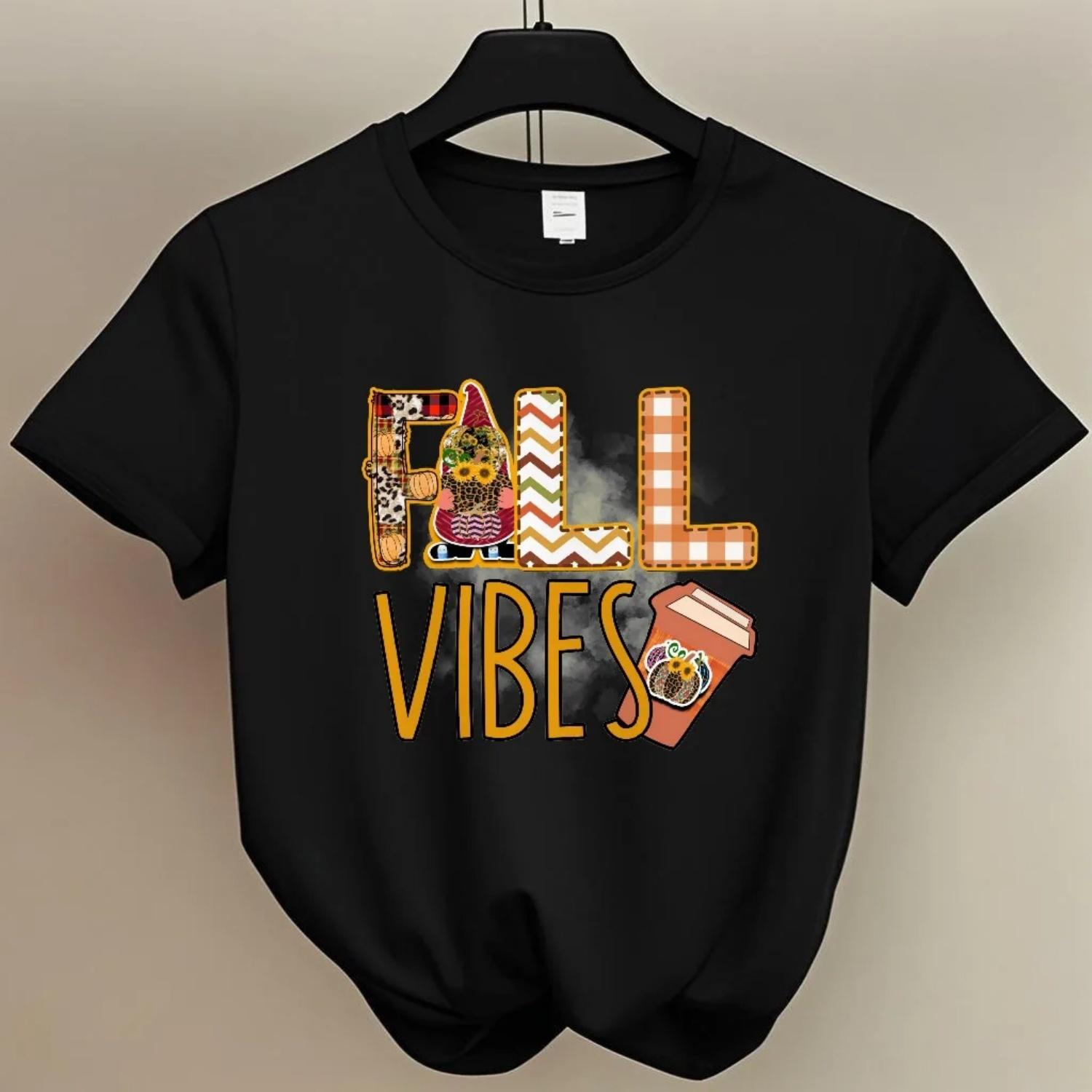 Women s Short Sleeve T-Shirt Fall Vibes Print for summer spring Outdoor Fall themed Gatherings Young Women S чёрный