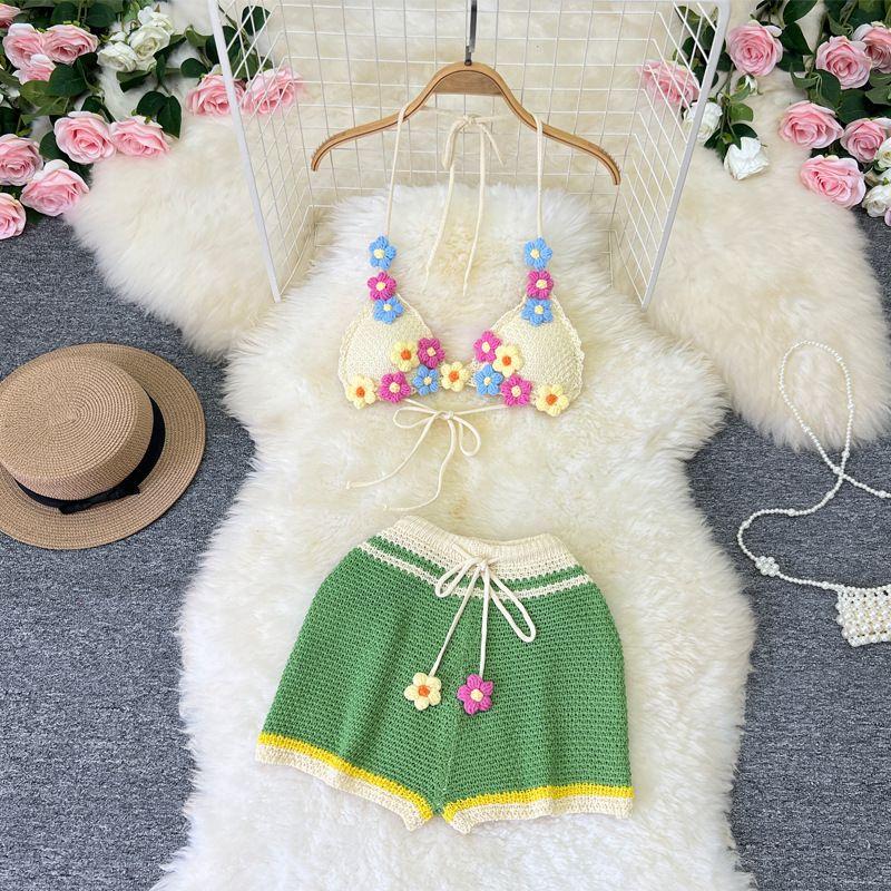 

Sweet Pastoral Style Knitted Hanging Neck Lace-up Crochet Little Flower Wool Hollow Sexy bikini Set two piece Green One size