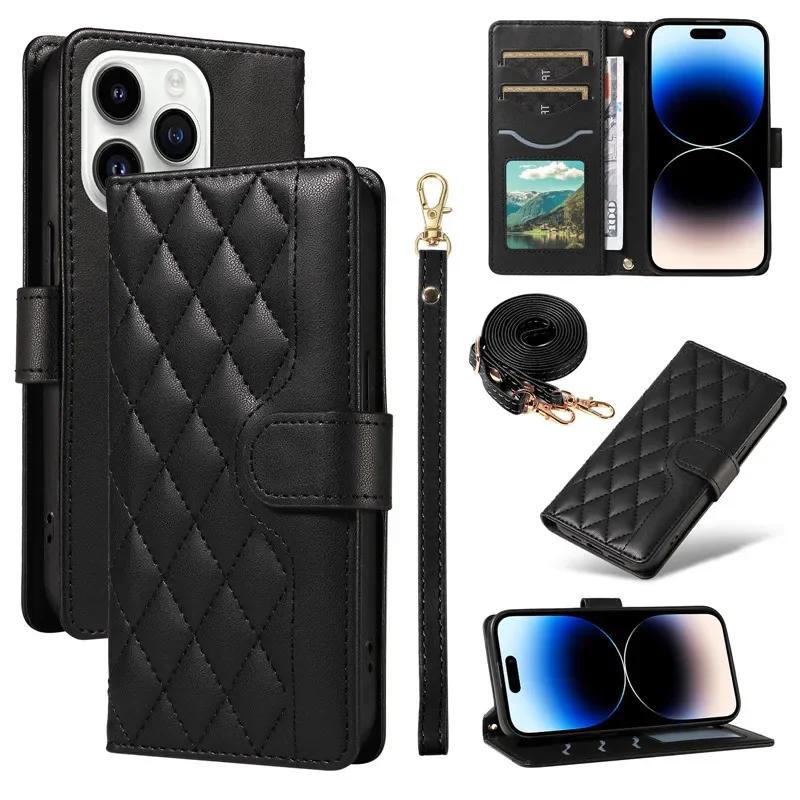 Lanyard Leather Wallet Card Phone Case for iPhone 17 Air 16E 16 Pro Max 15 14 Plus 13 12 11 XS XR X Crossbody Flip Purse Cover