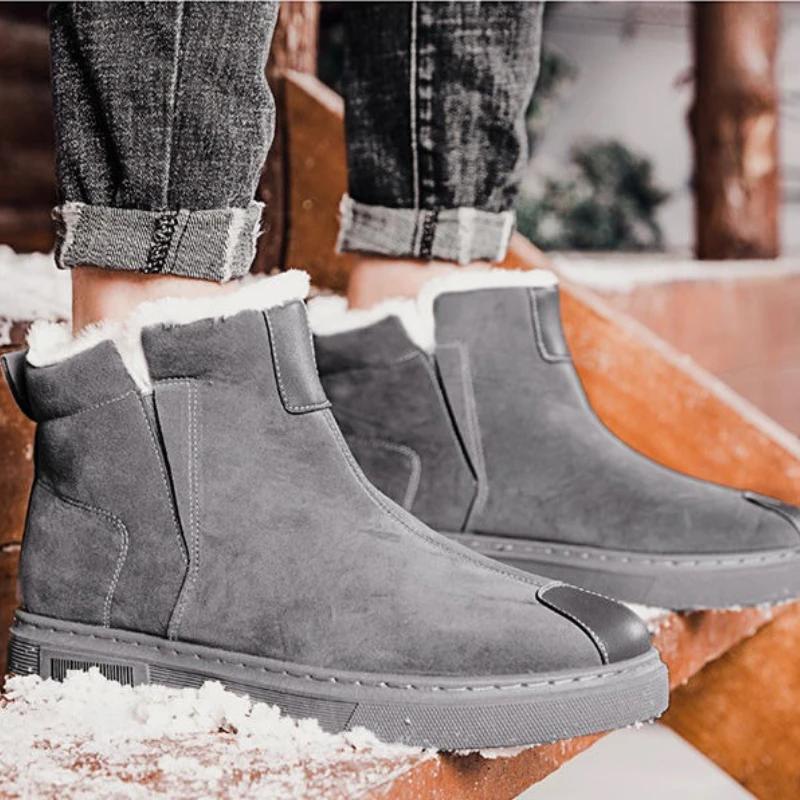 Men's Winter Leisure Outdoor Leather Fur Lined Patchwork Fleece Lined Thickened Snow Boots Warm Cold Resistant Cotton Shoes