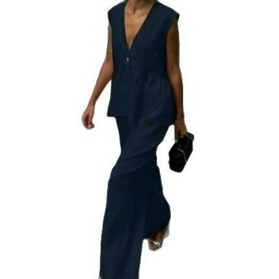 2025 Women's Solid Color Cotton V-neck Sleeveless Top & Long Pants Two-Piece Set – European and American Style