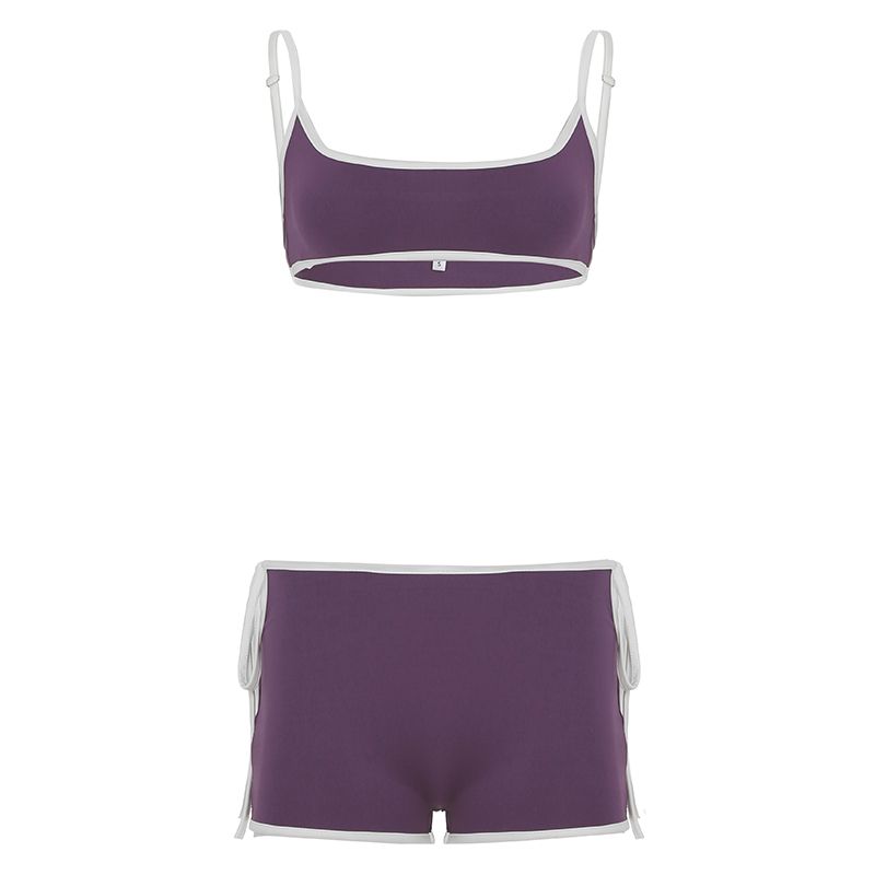 

H Home European and American Women s Clothing Hot Ins Style Ribbon Contrast Color Ultra Short Strap + Shoelace Shorts Women s Sports Fitness Suit Purple S