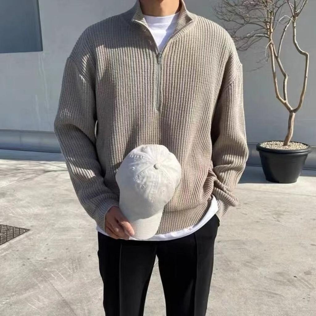 Spring and Autumn Loose Fashion Half Zipper Hooded Sweater for Men, Hong Kong Style Versatile and Casual Design, Stand Up Collar Knitted Sweater