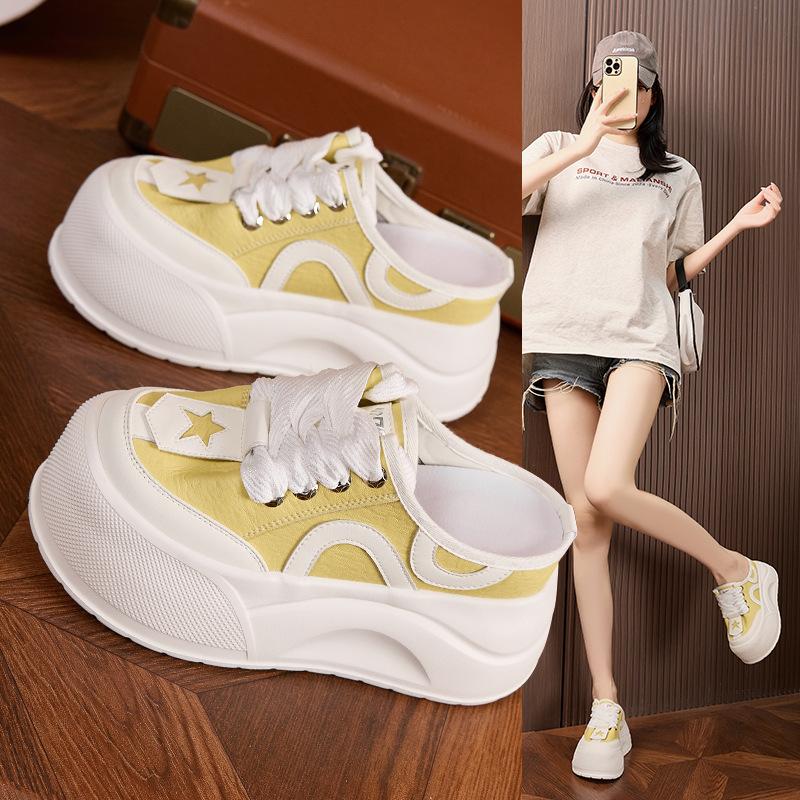 Platform slippers women's summer outer wear sandals 2025 new inner height increase women's shoes casual versatile bag head half drag white shoes