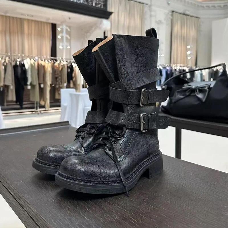 Cowhide version~ retro British Martin boots women's new thick heel belt buckle short boots locomotive boots genuine leather combat boots women