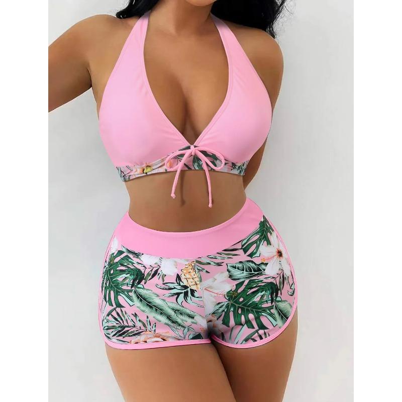 Fashion Printed Swimsuit Women Spliced Lace Up Sporty Surfing Bikini Set Bathing Suit Beachwear Swimwear Female Swimming Suits