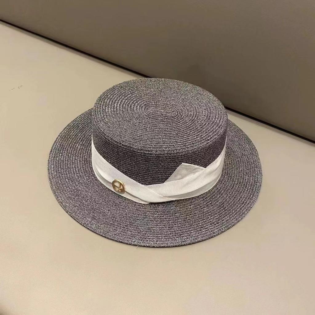 Simple temperament bow flat top hat women's elegant sun hat travel versatile British top hat straw hat