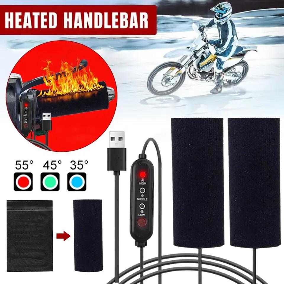 12V USB Motorcycle Electric Heated Grip Cover 3 Gears Electric Heated Handle Cover Handlebar Heater Warmer for Outdoor Riding