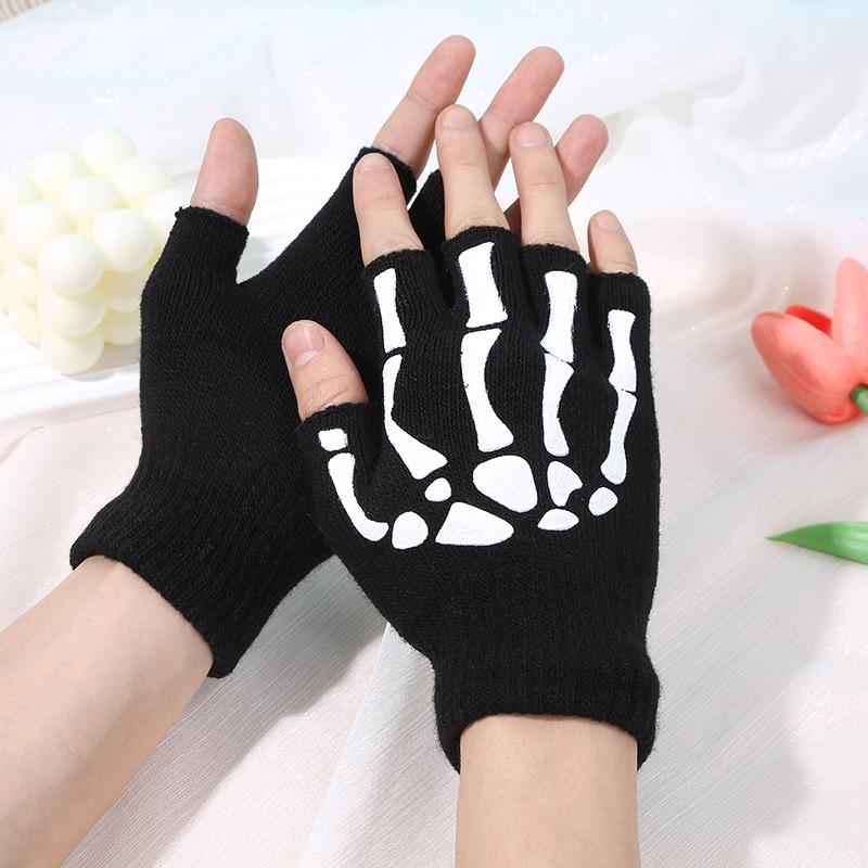 1Pair Fashion for Men Women Luminous Gloves Skull Claw Bone Party Supplies Halloween DIY Decoration Keep Warm Half-finger Gloves