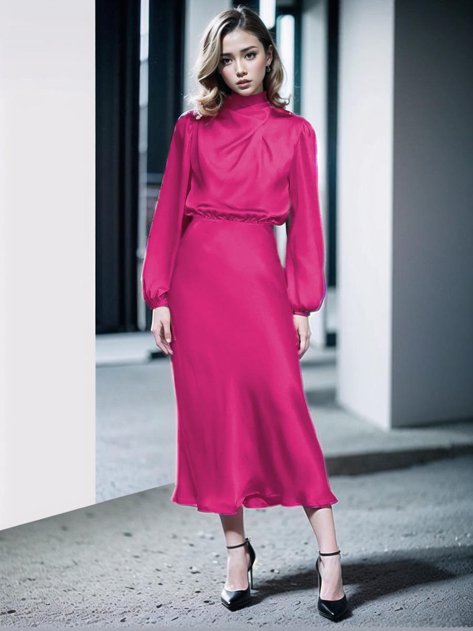 

Элегантное женское вечернее платье из атласа с длинным рукавом, осень 2025 Small